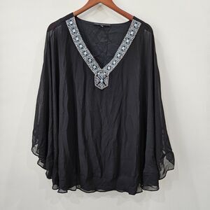 White House Black Market Black Blouse with Blue Embroidery